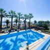 Piscina blu all'aperto con vista su palme e mare.
