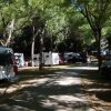 Sentiero tra camper e roulotte parcheggiati sotto alberi ombrosi.