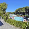 Piscine con gente che nuota, circondate da alberi e cespugli.