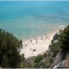 Spiaggia vista dall'alto con ombrelloni e mare azzurro.